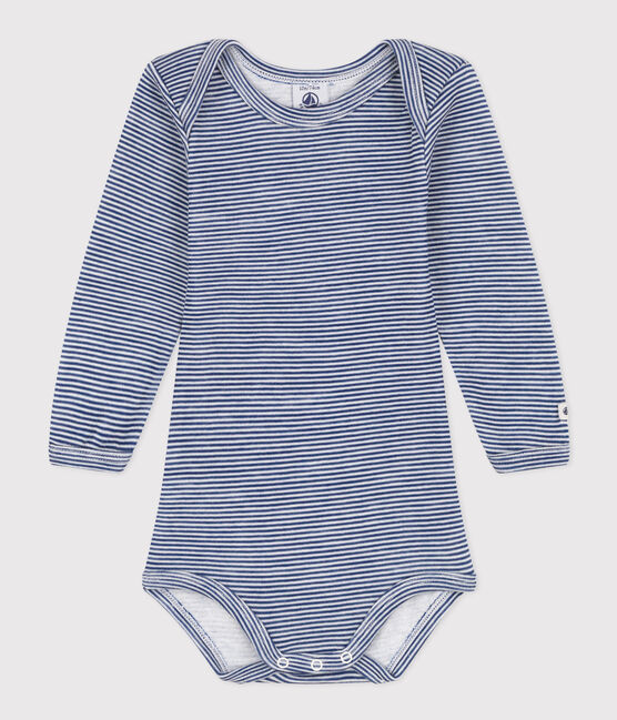 LANGÄRMELIGER GESTREIFTER BABY-BODY AUS WOLLE UND BAUMWOLLE blau MEDIEVAL/weiss MARSHMALLOW