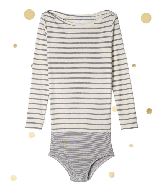 Langarm Body Damen Petit bateau x Marie-Agnès Gillot beige COQUILLE/grau SUBWAY