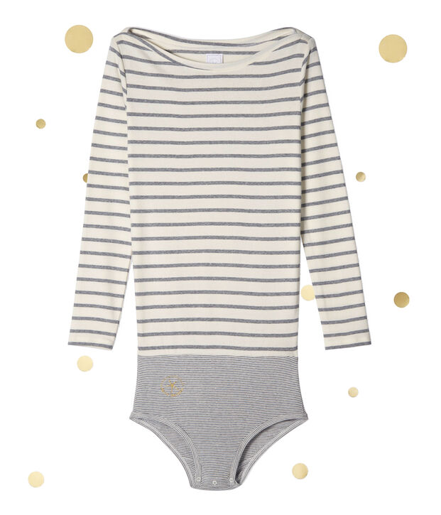 Langarm Body Damen Petit bateau x Marie-Agn&egrave;s Gillot weiss/grau