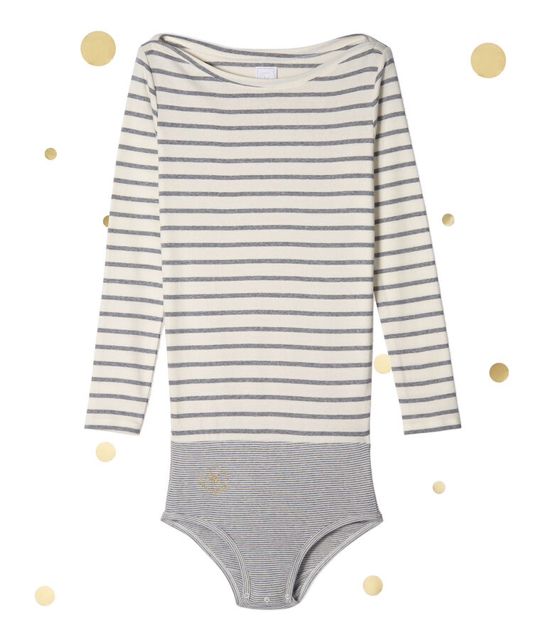Langarm Body Damen Petit bateau x Marie-Agn&egrave;s Gillot beige COQUILLE/grau SUBWAY