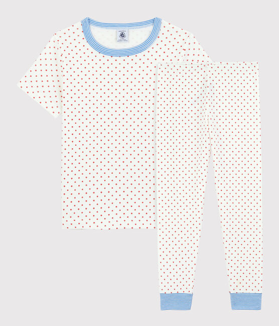 Kurzärmeliger Kinderpyjama aus Bio-Baumwolle mit roten Sternen für Jungen weiss MARSHMALLOW/rot PEPS