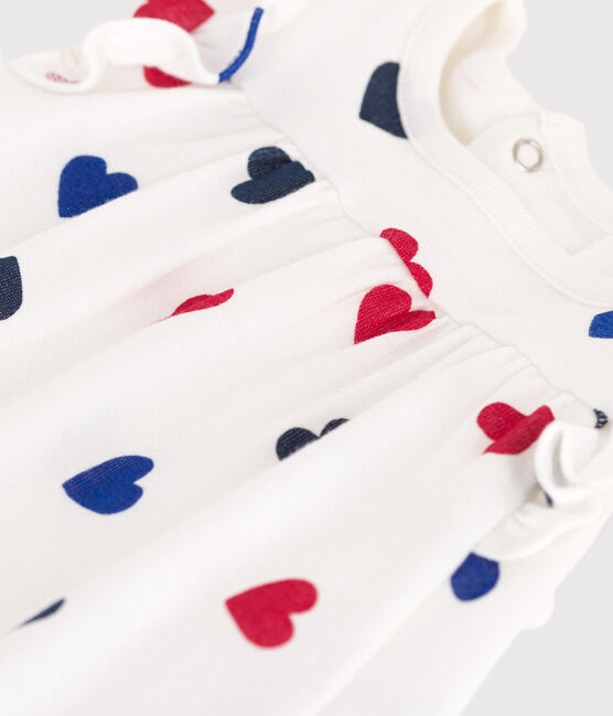 Kurzärmeliges Baby-Kleid aus Baumwolle mit integriertem Body und dreifarbigem Herzmotiv weiss MARSHMALLOW/weiss MULTICO
