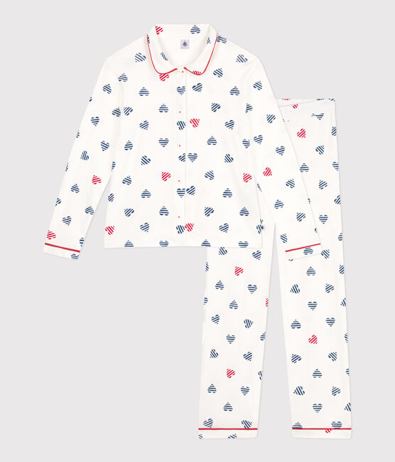 Geknöpfter Damen-Schlafanzug aus Baumwolle mit Herz-Print weiss MARSHMALLOW/weiss MULTICO