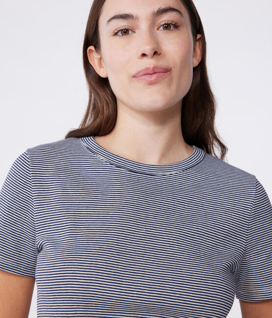 Kurzärmeliges Damen-T-Shirt "L'Iconique" aus gestreiftem Rippstrick blau SMOKING/weiss MARSHMALLOW