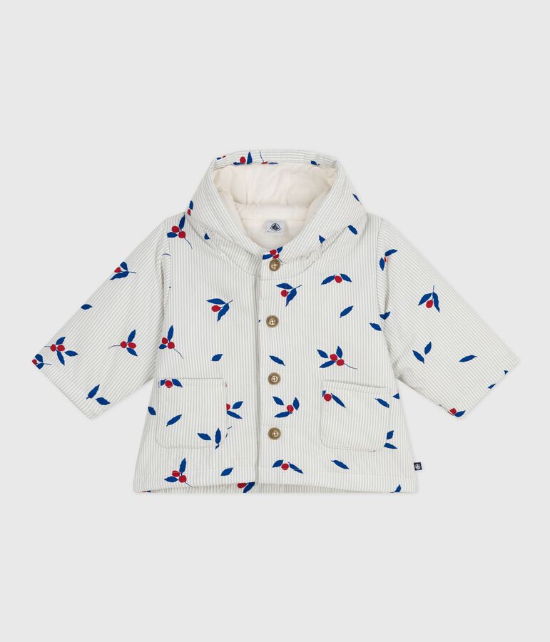 Baby-Kapuzenmantel aus wattiertem Popeline mit Beerenmuster blau/vielfarbig