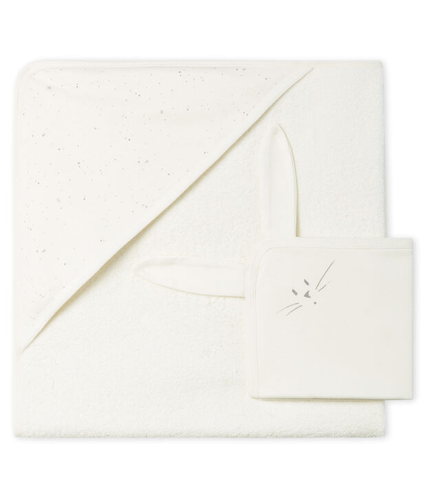 Set mit Badetuch und Baby-Kuscheltier aus Boucl&eacute;-Frottier und Doppeljersey. weiss/vielfarbig