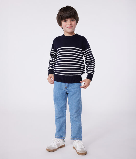 Kinder-Matrosenpullover aus Wolle und Baumwolle mit Streifen blau SMOKING/weiss MARSHMALLOW