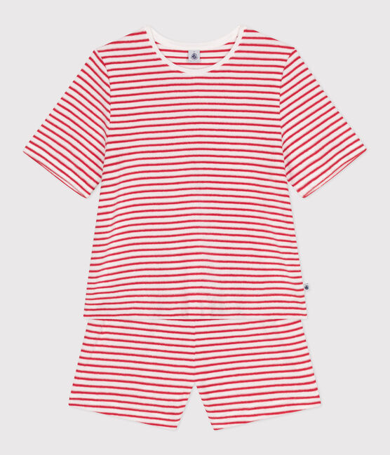 Damen-Kurzpyjama aus Baumwolle mit Streifen rot MARSHMALLOW/ SPI
