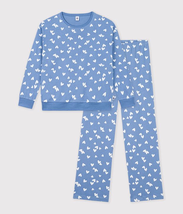 Damen-Pyjama aus Baumwolle mit Herzmotiv blau/weiss
