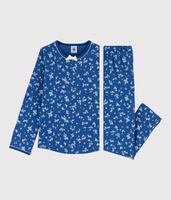 Rippstrick-Pyjama mit Schneeflocken-Print für kleine Mädchen. blau MAJOR/weiss ECUME