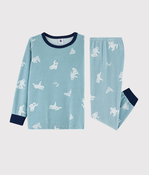 Kinderpyjama aus Nicki mit Yetimotiv f&uuml;r Jungen blau/weiss