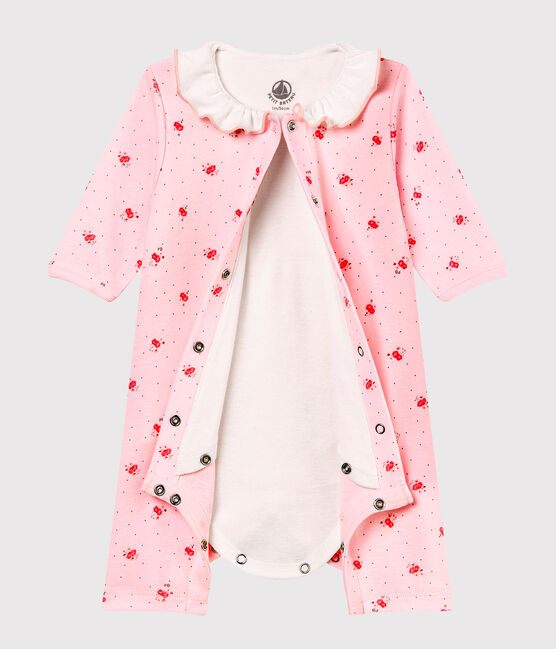 Gemusterter baby-bodyjama ohne füsse mädchen 1x1-gerippt rosa VIENNE/weiss MULTICO