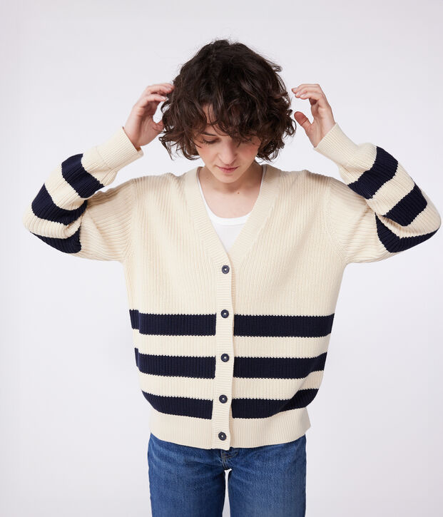Damen-Cardigan aus Baumwolle mit Streifen naturfarben/blau