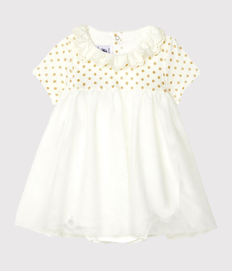 Baby-Bodykleid aus Baumwollleinen f&uuml;r M&auml;dchen weiss/gelb