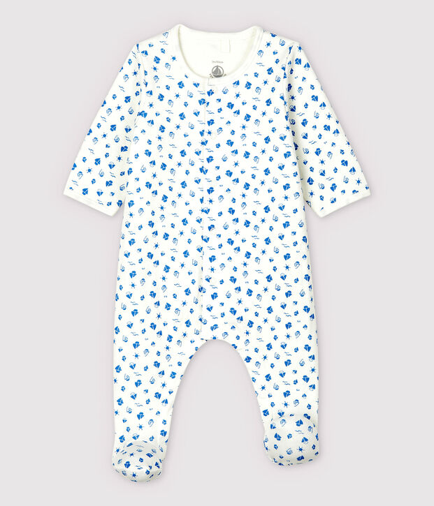 Gemusterter Baby-Bodyjama mit Boot-Motiv, aus Doppeljersey aus Bio-Baumwolle weiss/blau