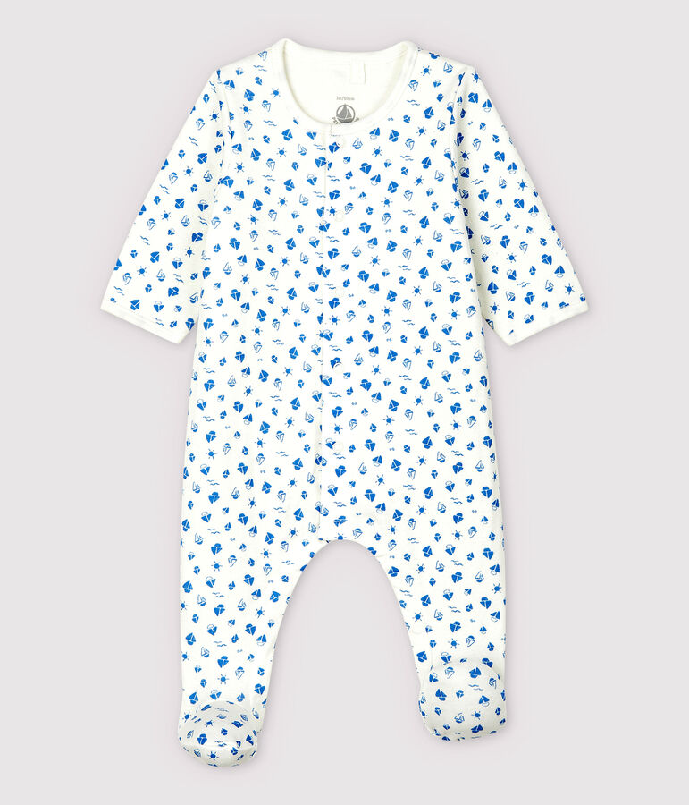 Gemusterter Baby-Bodyjama mit Boot-Motiv, aus Doppeljersey aus Bio-Baumwolle weiss MARSHMALLOW/blau COOL