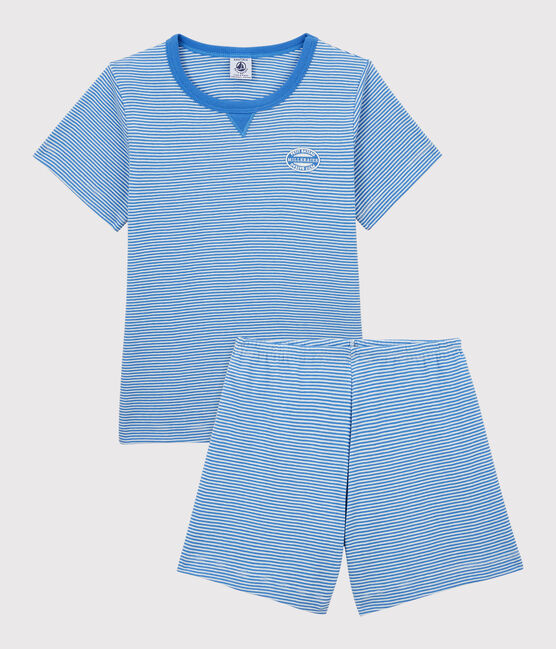Kinder-Kurzpyjama aus Baumwolle mit Streifen für Jungen blau BRASIER/grau MARSHMALLOW