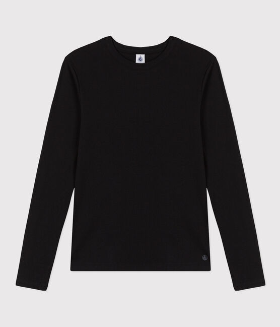 Langärmeliges Damen-T-Shirt L'Iconique aus einfarbigem Rippstrick schwarz BLACK