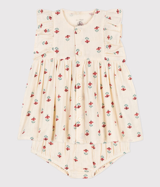 Babykleid mit Bloomers aus bedruckter Baumwollgaze weiss AVALANCHE/ MULTICO