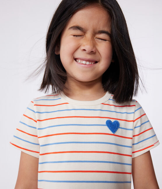 Kurzärmeliges Kinder-Kleid aus Baumwolle mit Streifen und Herzmotiv weiss AVALANCHE/ MULTICO