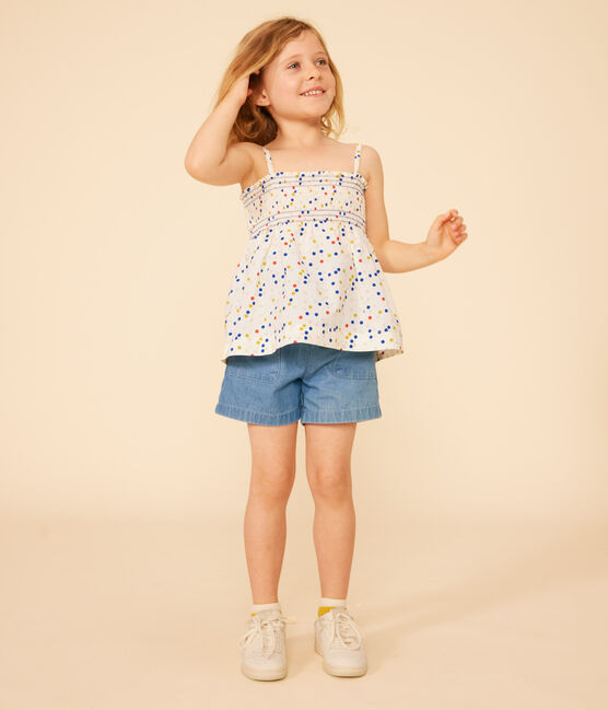 Ärmellose Kinder-Bluse aus Baumwolle mit Punkten für Mädchen weiss MARSHMALLOW/weiss MULTICO