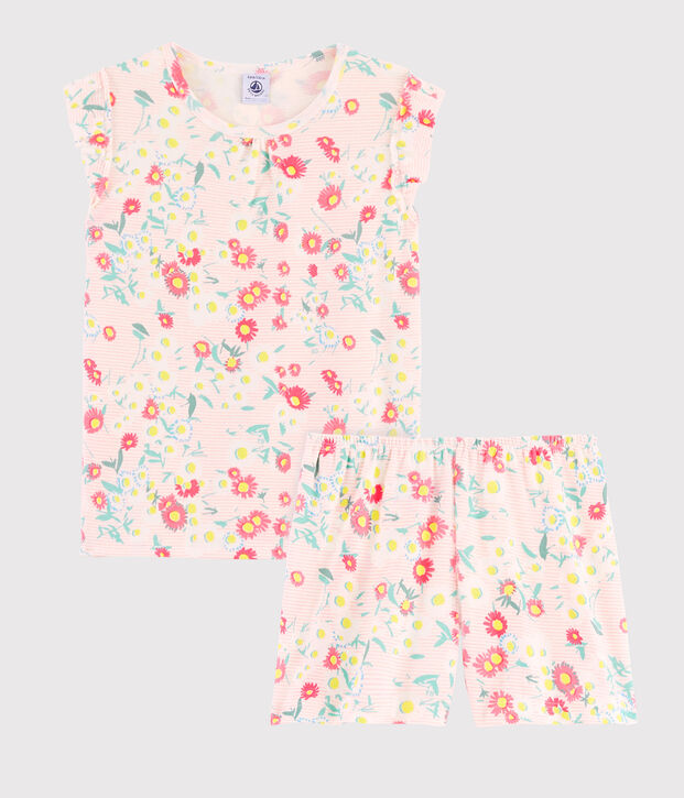 Kurz-Pyjama aus Rippstrick mit Blumenmuster f&uuml;r kleine M&auml;dchen weiss/vielfarbig