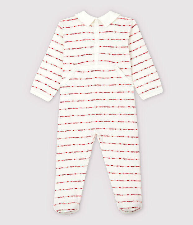 Baby-Strampler aus Jacquard mit Petit Bateau-Motiv je t'aime f&uuml;r M&auml;dchen weiss/rot