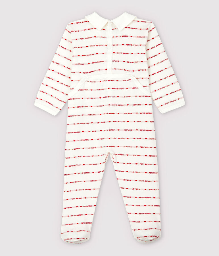 Baby-Strampler aus Jacquard mit Petit Bateau-Motiv je t'aime f&uuml;r M&auml;dchen weiss/rot
