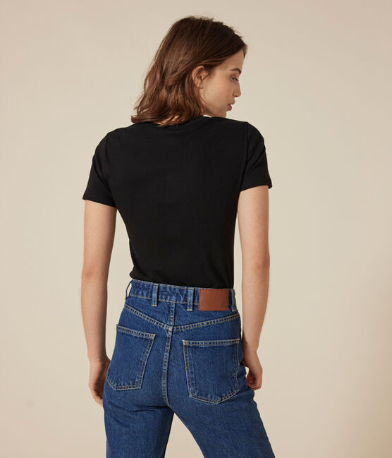 Kurzärmeliges Damen-T-Shirt L'ICONIQUE aus einfarbigem Rippstrick schwarz BLACK