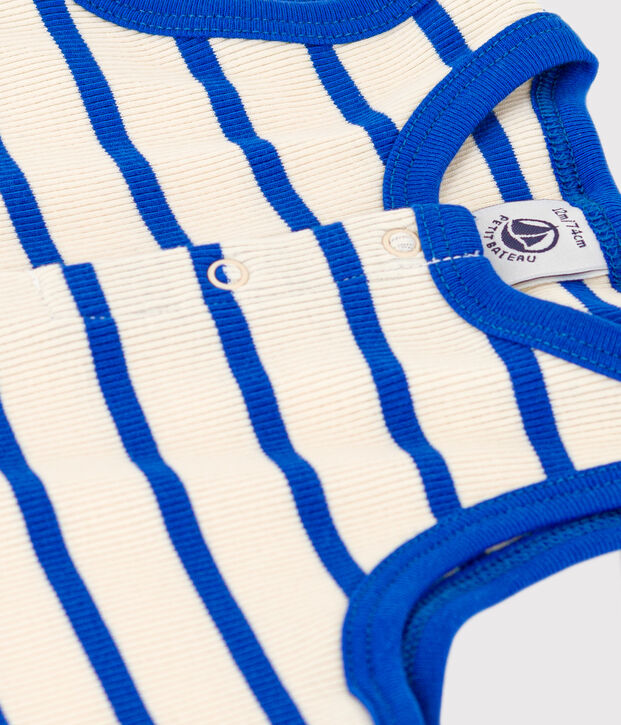 Baby-Kurzoverall aus gestreiftem Rippstrick naturfarben/blau