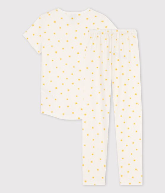 Kurzärmeliger Kinderpyjama aus Bio-Baumwolle mit Sonnemotiv für Mädchen weiss MARSHMALLOW/ ORGE