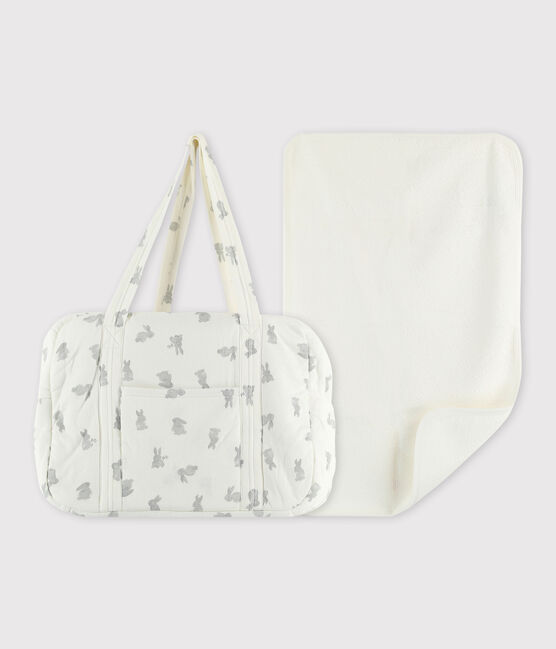 Baby-Set mit Tasche und Wickelunterlage aus Bio-Baumwoll-Doppeljersey weiss MARSHMALLOW/grau GRIS