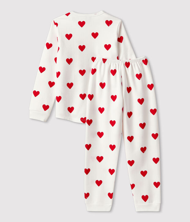 Kinderpyjama aus Molton mit Herzmotiv weiss/rot