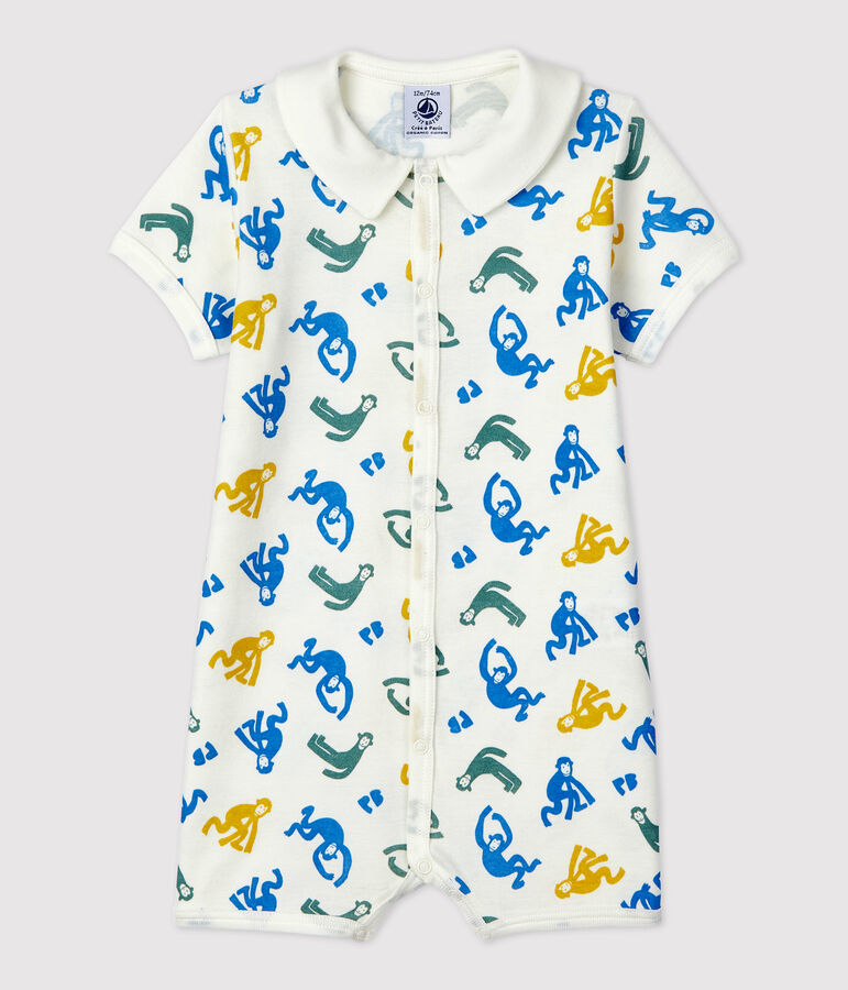 Phosphoreszierender kurzer Baby-Einteiler aus Baumwolle mit Affenmotiv weiss MARSHMALLOW/weiss MULTICO