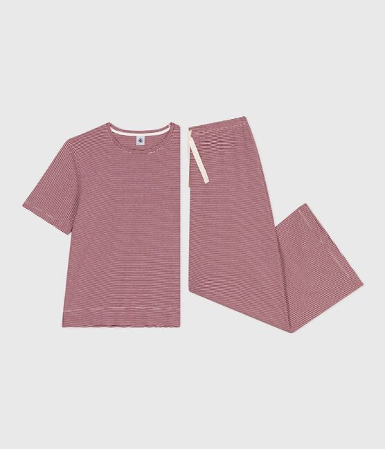 Kurzärmeliger Damen-Pyjama mit weitem Bein aus Baumwolle mit Streifen rot AMARANTE/ MARSHMALLOW
