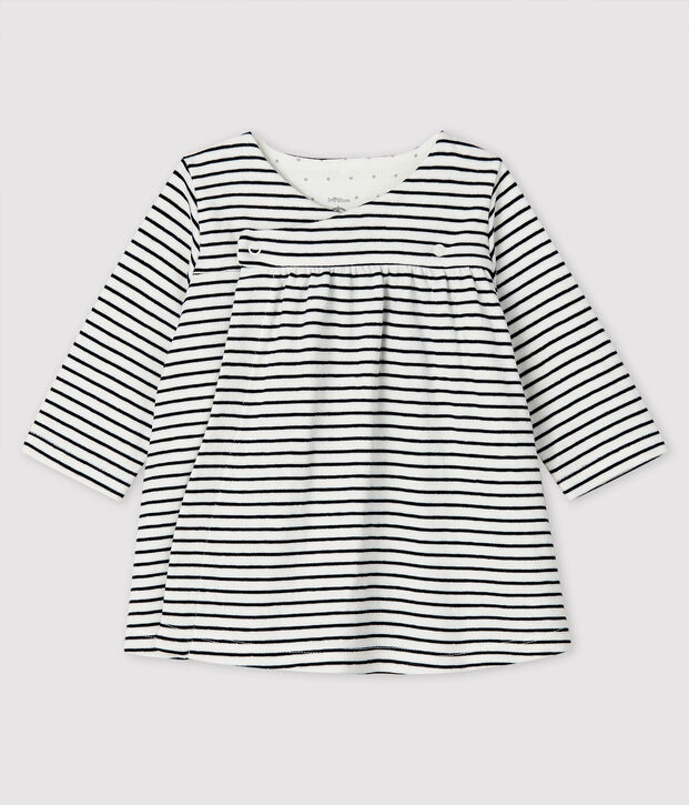 Lang&auml;rmeliges gestreiftes Baby-Kleid f&uuml;r M&auml;dchen aus Doppeljersey weiss/blau