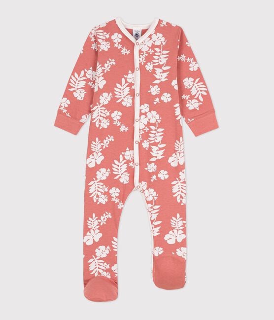 Baby-Strampler aus Baumwolle mit abnehmbaren Füßen und Hawaiimuster rosa PAPAYE/ MARSHMALLOW
