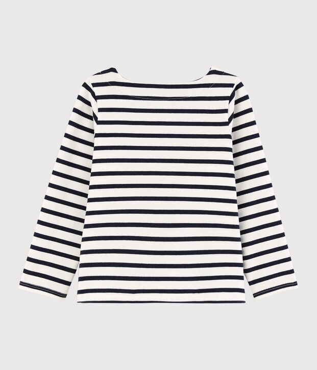 Kindershirt aus Jerseystoff mit Marinestreifen f&uuml;r M&auml;dchen weiss/blau