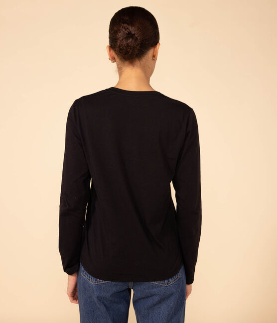 Langärmeliges Damen-T-Shirt "Le Droit" mit V-Ausschnitt aus feinem Jersey schwarz NOIR
