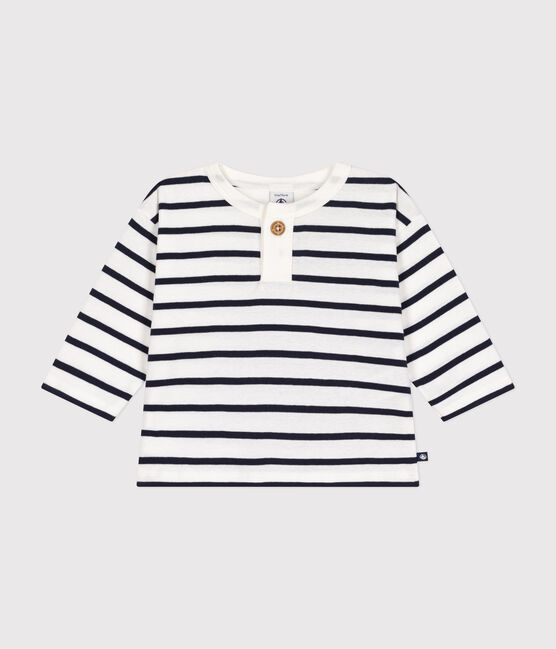 Langärmeliges Baby-T-Shirt aus Baumwolle weiss MARSHMALLOW/blau SMOKING