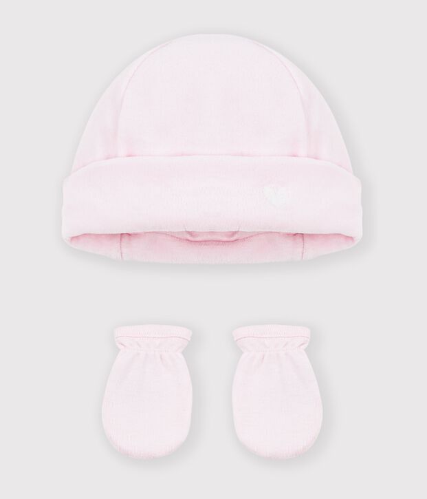 Baby-Set mit M&uuml;tzchen und F&auml;ustlingen aus einfarbiger Baumwolle vielfarbig