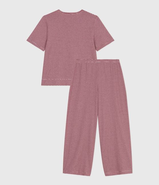 Kurzärmeliger Damen-Pyjama mit weitem Bein aus Baumwolle mit Streifen rot AMARANTE/ MARSHMALLOW