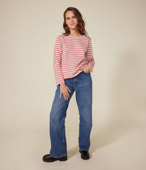 Geknöpftes Damen-Streifenshirt "Marinière" aus Baumwolle rosa ROSEWOOD/ AVALANCHE