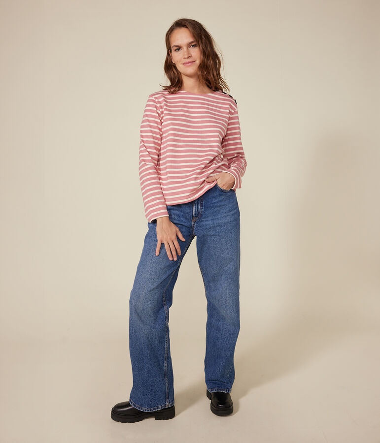 Gekn&ouml;pftes Damen-Streifenshirt Marini&egrave;re aus Baumwolle rosa/naturfarben