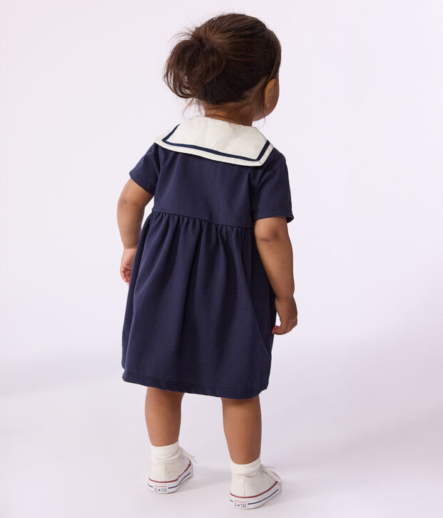 Kurz&auml;rmeliges Baby-Kleid mit Matrosenkragen aus einfarbiger Baumwolle SMOKING