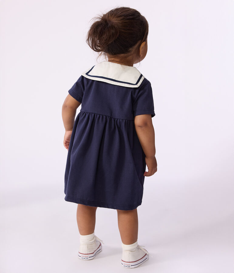 Kurz&auml;rmeliges Baby-Kleid mit Matrosenkragen aus einfarbiger Baumwolle blau