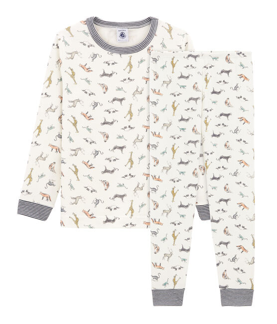 Rippstrick-Pyjama für Jungen weiss MARSHMALLOW/weiss MULTICO