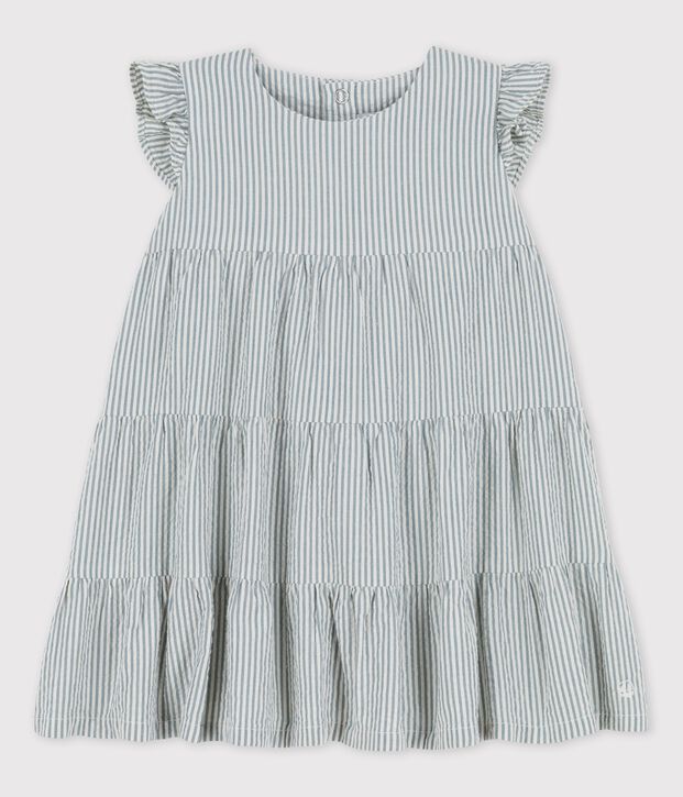 Gestreiftes Babykleid in Bio-Seersucker gr&uuml;n/weiss