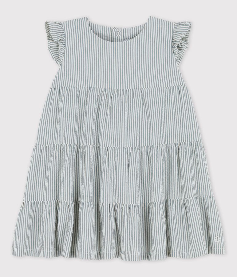 Gestreiftes Babykleid in Bio-Seersucker blau BRUT/weiss MARSHMALLOW