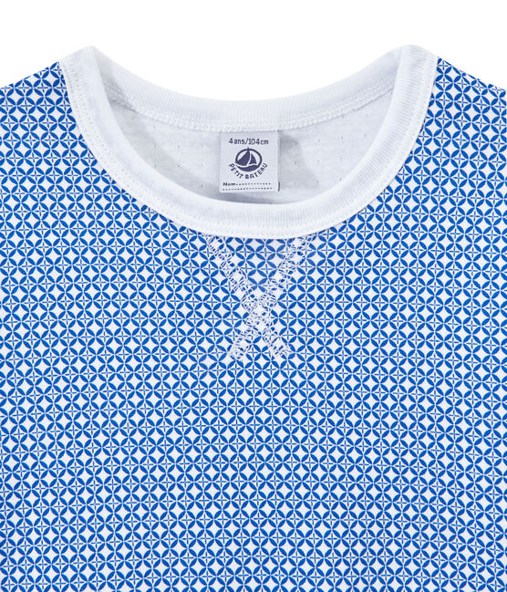 Kurzärmeliger Jungen-Schlafanzug aus gedoppeltem Jersey weiss ECUME/blau PERSE